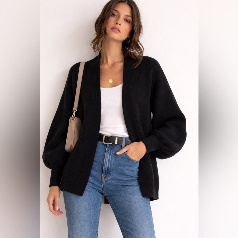 Magnolia Black Open Front Knit Cardigan – Size L – Balloon Sleeve